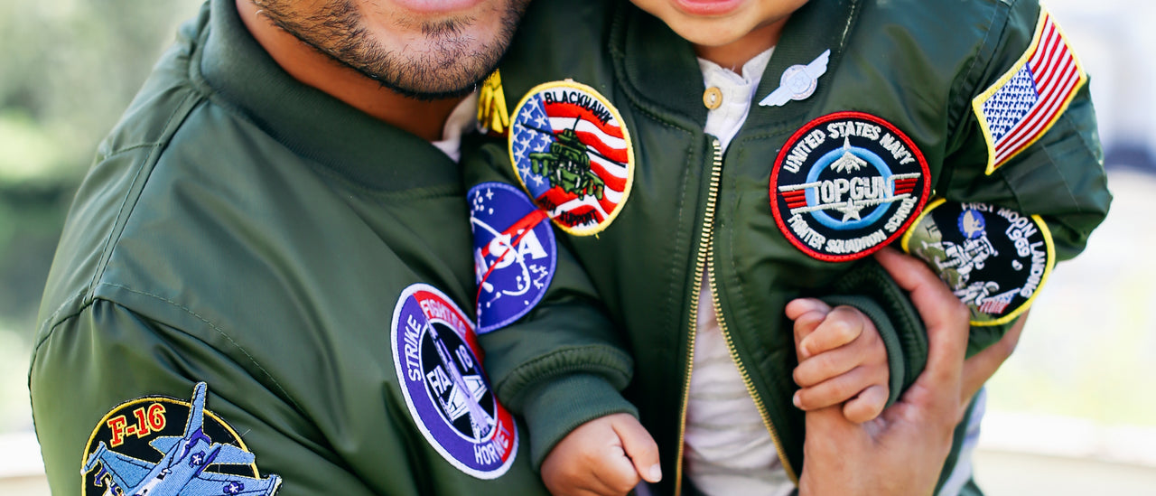  Matching father and son Top Gun jackets with patches, flight jackets green for dad and kid