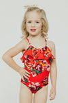 MAZIE Mommy and Me Swimsuit - Red Floral Ruffle One Piece - Janela Bay