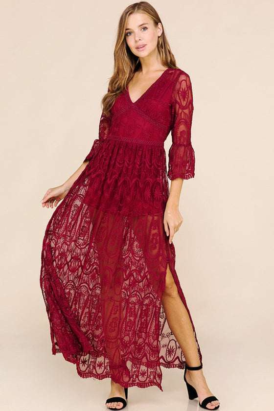 Scarlet All Over Lace Maxi Dress with Shorts Lining in Red
