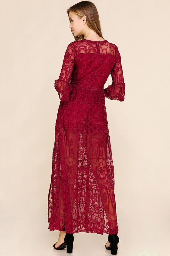 Scarlet All Over Lace Maxi Dress with Shorts Lining in Red