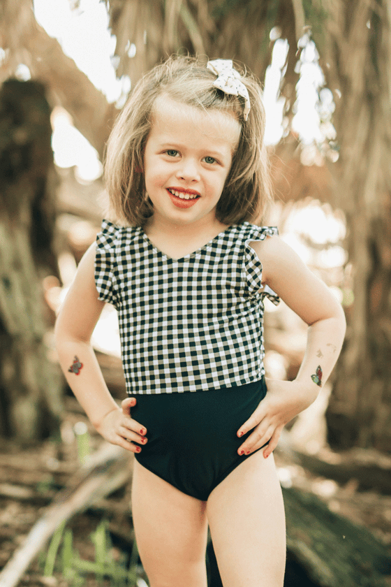 VICTORIA Mommy and Me Swimsuit  - B&W GINGHAM Ruffle Sleeve One Piece-  Janela Bay