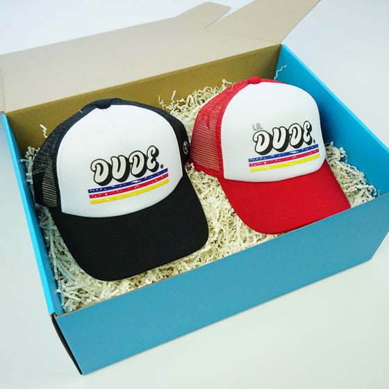 GIFT BOX : DUDE & LIL DUDE Matching Trucker Hat Set