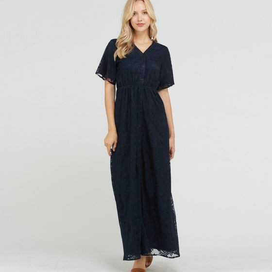 Anne Lace Button Up Maxi Dress - Navy (Nursing and Maternity-friendly)