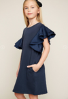 Lila Asymmetric Shoulder Ruffled Shift Dress - Navy (Juniors/Women)