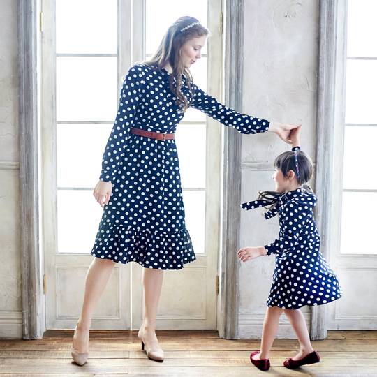Margaret Mommy and Me Blue & White Polka Dot Long Sleeve Fit & Flare Dress